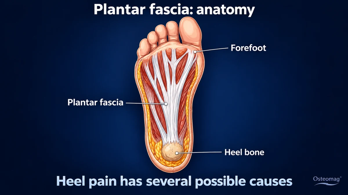 Sole of the foot showing the plantar fascia, heel bone and forefoot.