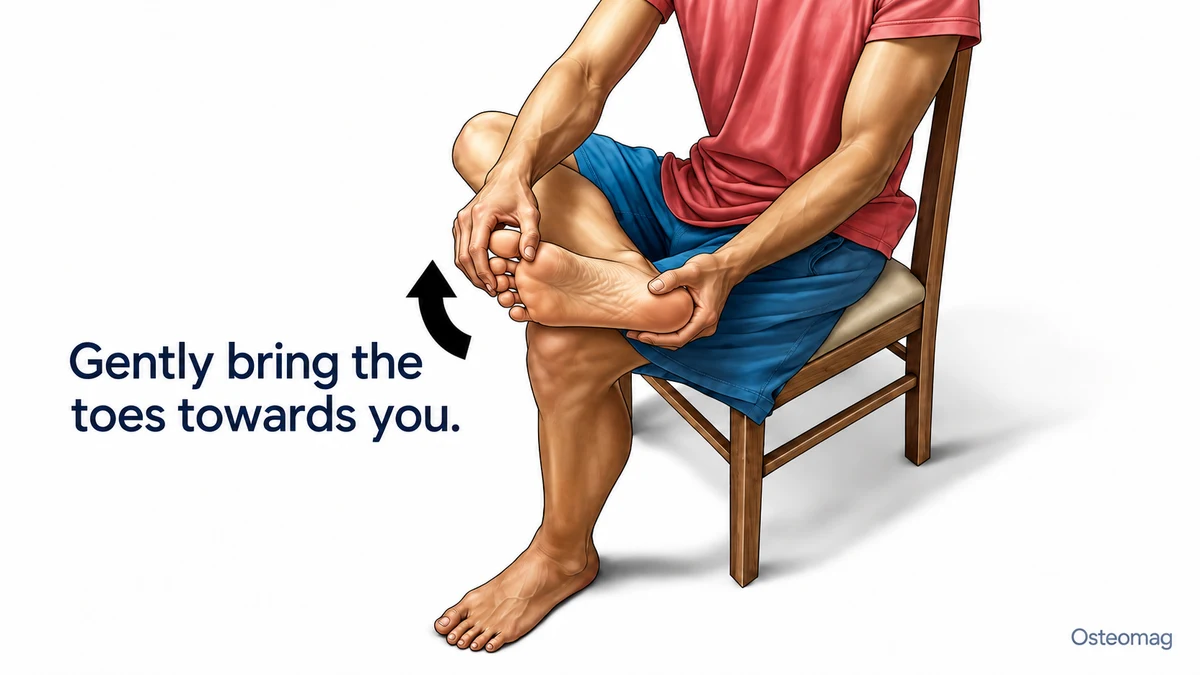Seated plantar fascia stretch with one hand supporting the heel and the other gently extending the toes.