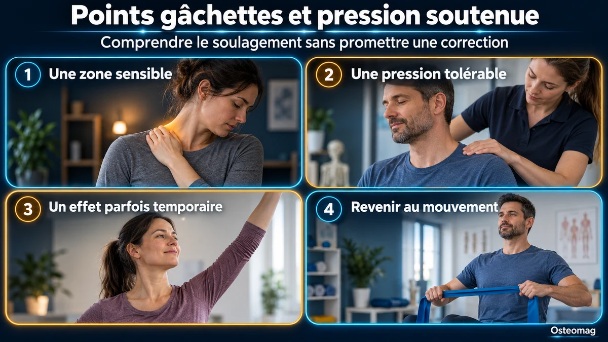 Infographie Osteomag : zone musculaire sensible, pression tolérable, effet parfois temporaire et retour au mouvement.