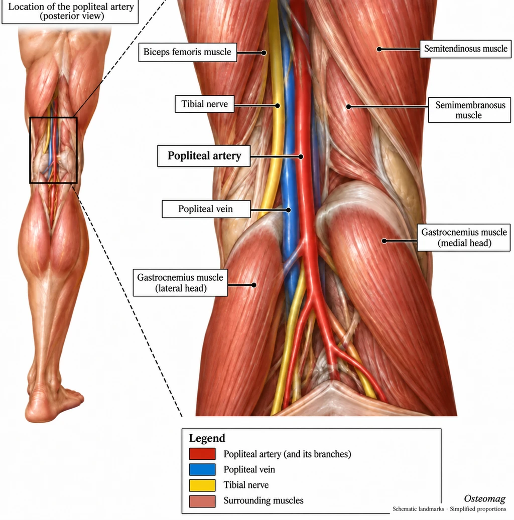 Schematic posterior view of the knee showing the popliteal artery and vein, tibial nerve and surrounding muscles.