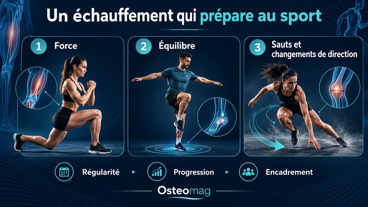 Composantes d’un échauffement préventif : force, équilibre, sauts et changements de direction.