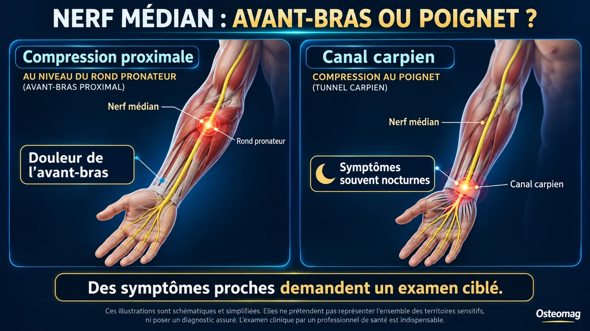 Comparaison schématique d’une irritation du nerf médian près du rond pronateur et d’une compression au canal carpien.