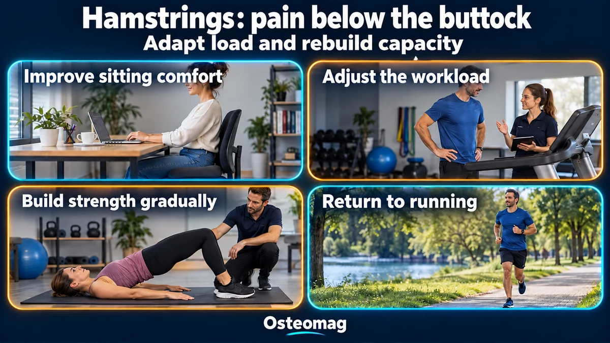 Four scenes: comfortable sitting, discussion of load, a supervised bilateral bridge and easy running on level ground.