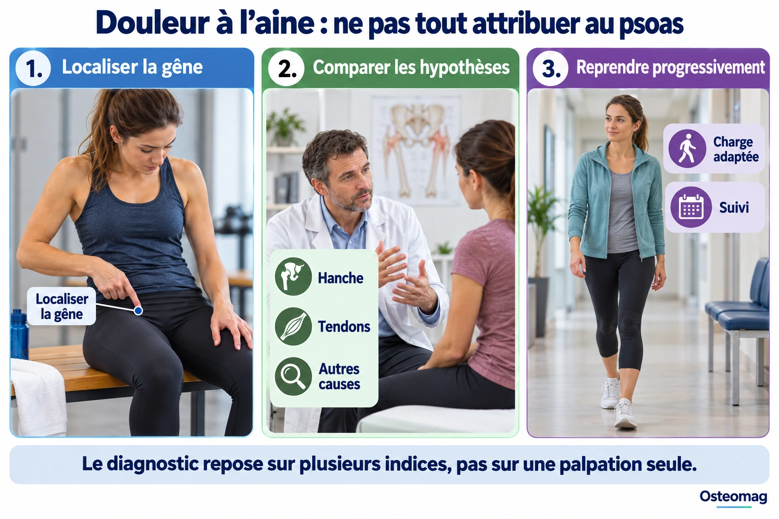 Infographie Osteomag : localiser la douleur à l’aine, comparer hanche et tendons puis reprendre progressivement selon l’évaluation.