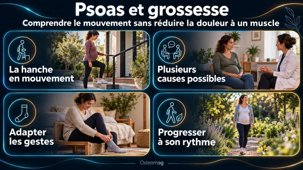 Infographie Osteomag : mouvement de la hanche, plusieurs causes possibles de douleur, adaptation des gestes et progression pendant la grossesse.