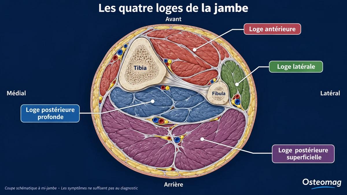 Coupe transversale schématique de la jambe montrant le tibia, la fibula et les loges antérieure, latérale, postérieure profonde et postérieure superficielle.