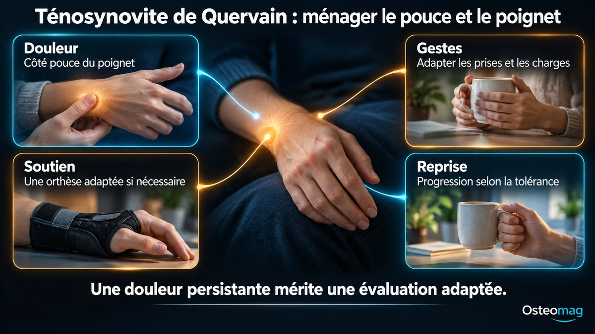 Infographie sur la ténosynovite de Quervain : douleur du côté du pouce, adaptation des prises, orthèse et reprise progressive