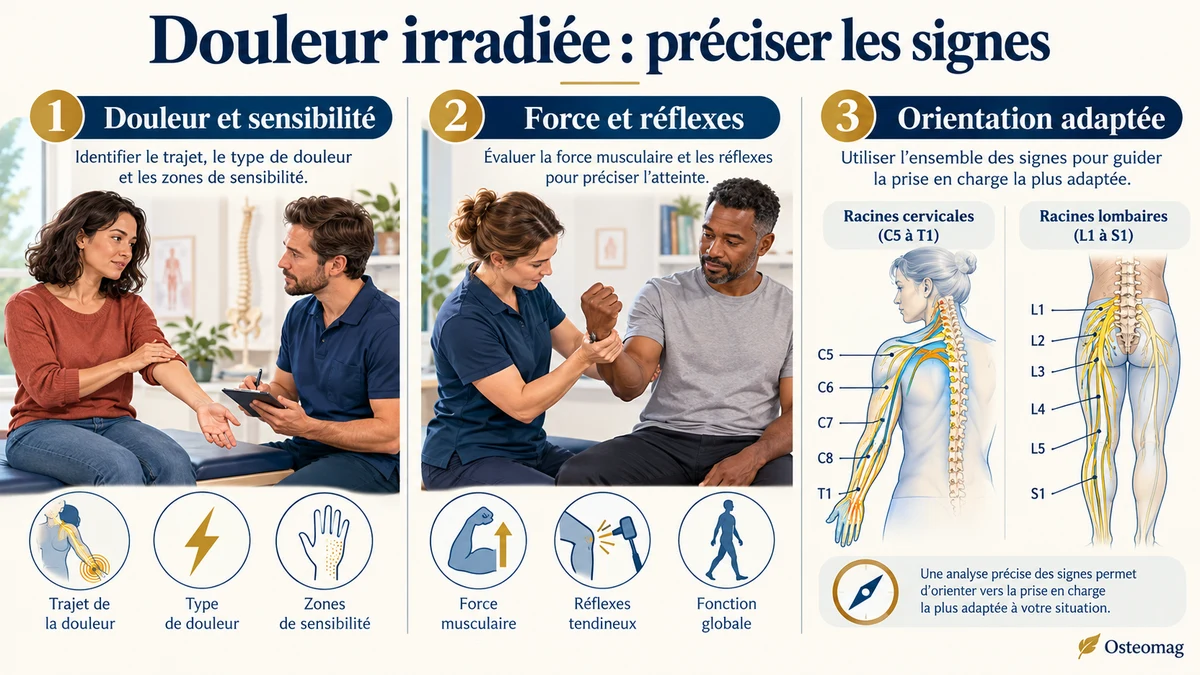 Schéma pédagogique simplifié des racines cervicales et lombaires avec repères sur l’examen et l’activité adaptée.
