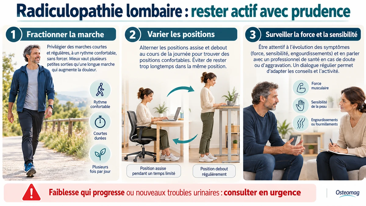 Trois repères face à une radiculopathie lombaire : fractionner la marche, varier les positions et surveiller la force et la sensibilité.