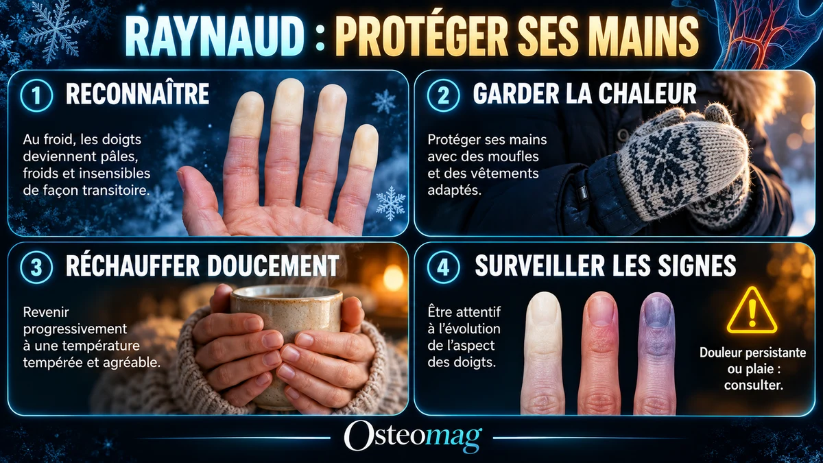 Infographie Osteomag : reconnaître les doigts pâles, garder la chaleur, réchauffer doucement et consulter pour une douleur persistante ou une plaie.