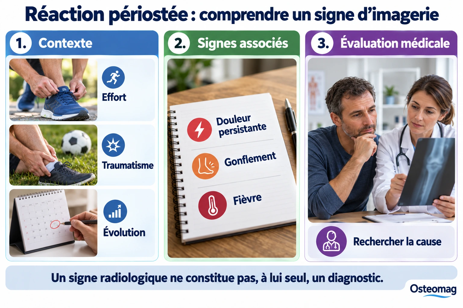 Infographie Osteomag : contexte d’effort ou de traumatisme, douleur persistante, gonflement, fièvre et recherche médicale de la cause.