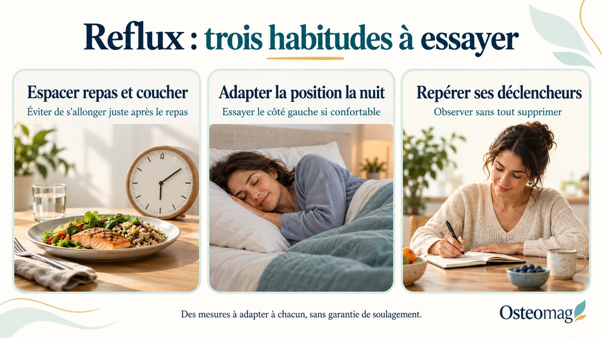 Trois habitudes en cas de reflux : espacer repas et coucher, essayer le côté gauche si confortable et repérer les déclencheurs personnels.