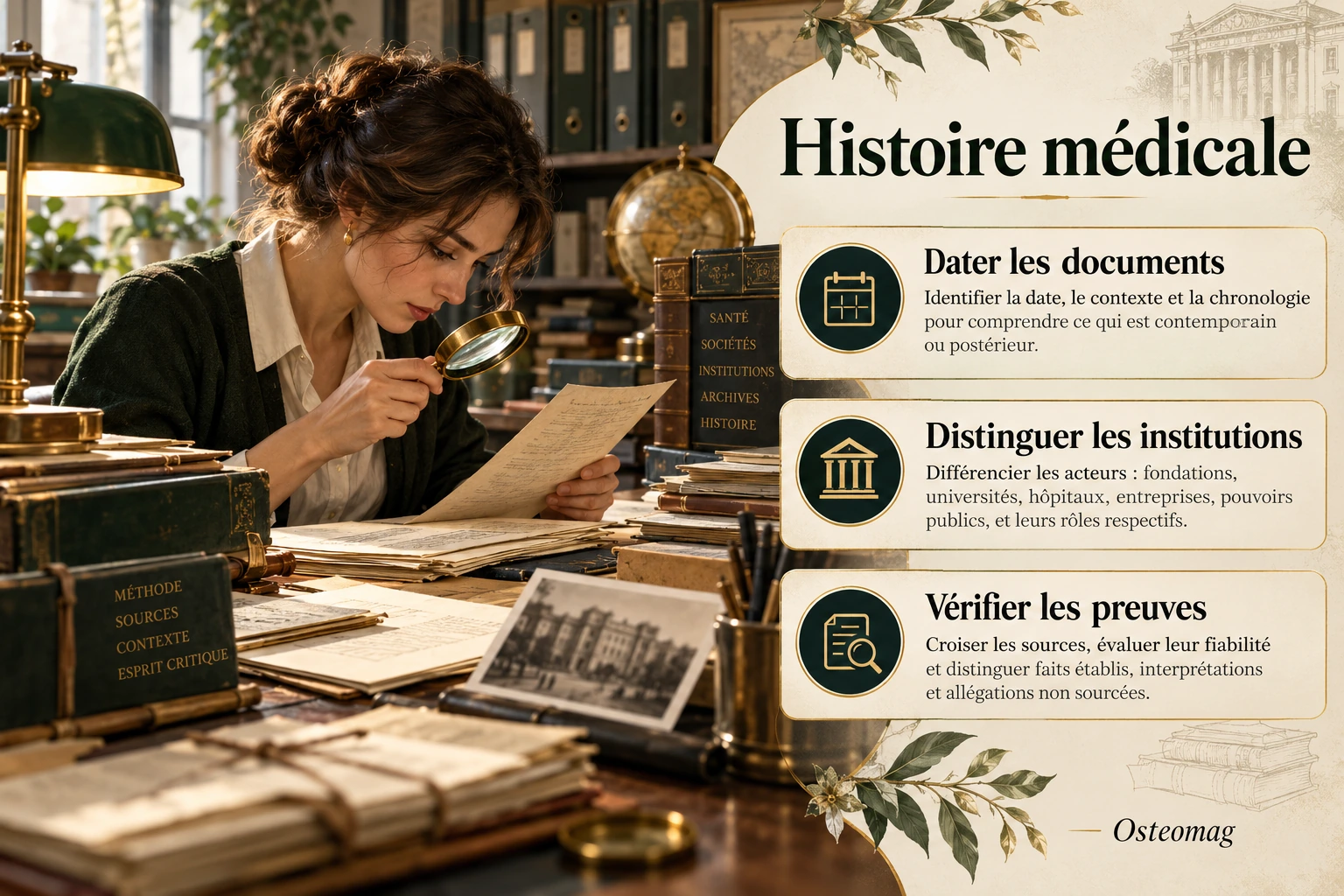 Illustration d’une lecture critique d’archives avec les repères dater, distinguer les institutions et vérifier les preuves.