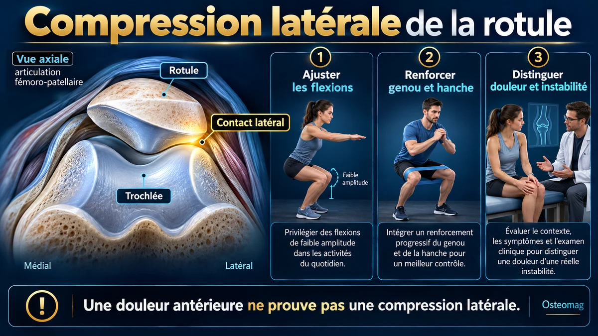 Schéma de contact latéral fémoro-patellaire et principes de progression pour la douleur antérieure du genou.