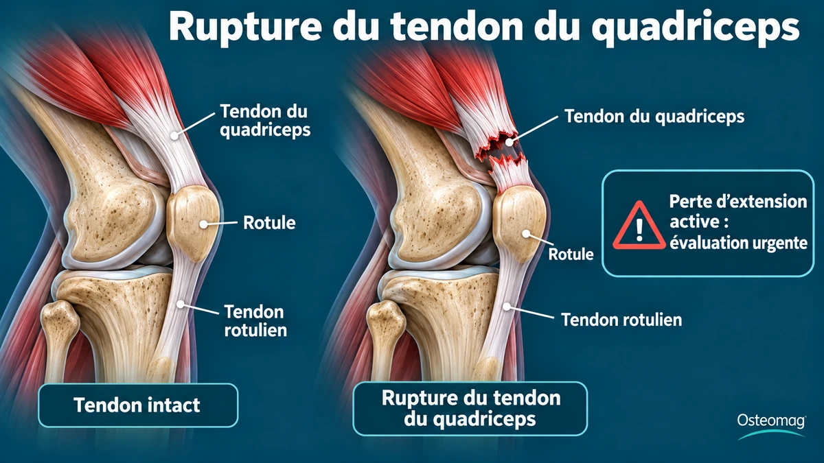 Anatomie du mécanisme extenseur : tendon du quadriceps intact et rompu au-dessus de la rotule.