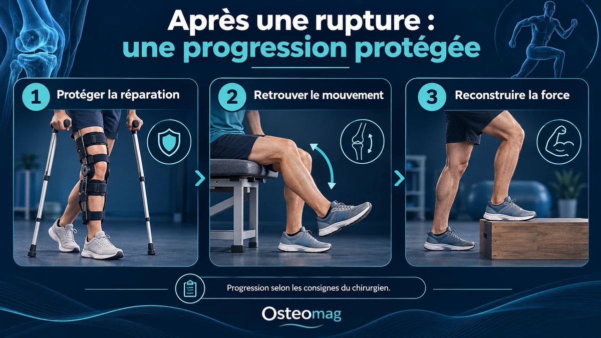 Trois étapes de réadaptation après rupture du quadriceps : protection, mouvement puis force selon les consignes du chirurgien.