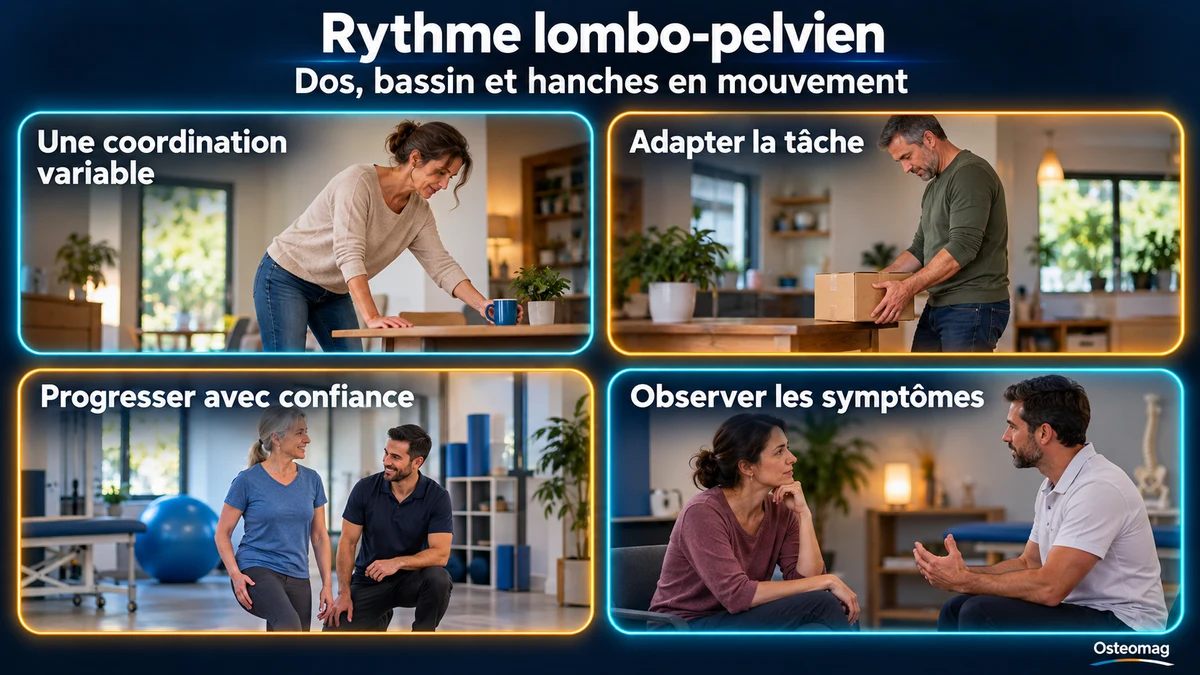 Rythme lombo-pelvien : coordination variable du dos, du bassin et des hanches, adaptation d’une tâche et progression accompagnée.
