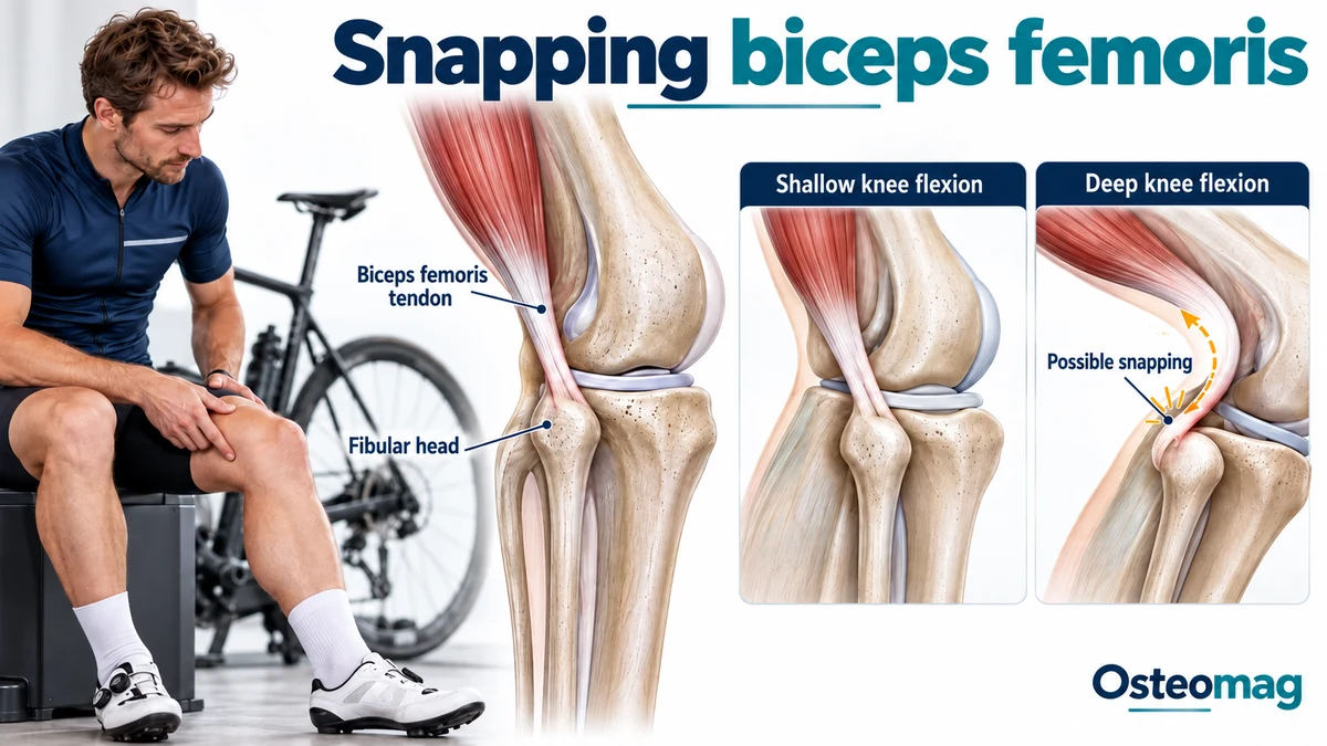 Simplified illustration of the biceps femoris tendon near the fibular head, comparing shallow and deep knee flexion and possible snapping.