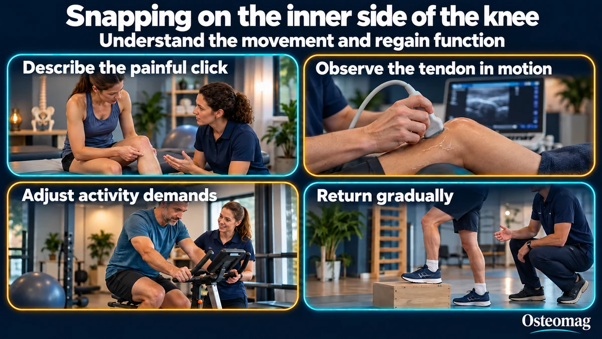 Snapping on the inner side of the knee: describe the painful click, observe the tendon in motion, adjust activity demands and return gradually.