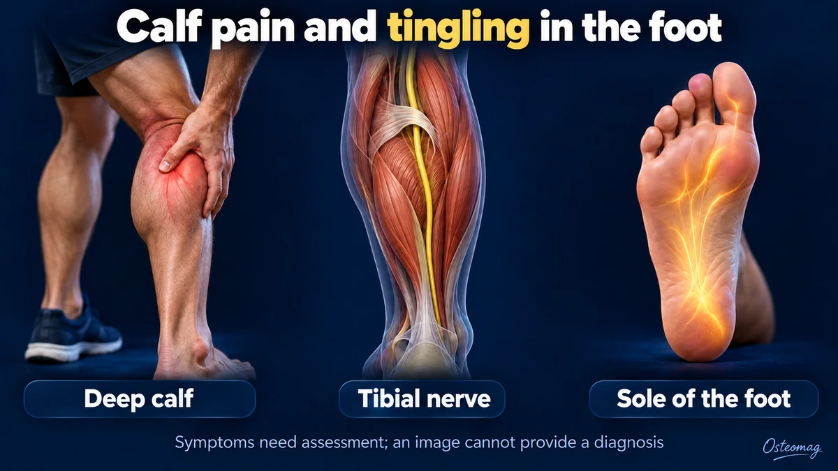 Conceptual illustration of the deep calf, tibial nerve beneath an arch and plantar sensations requiring assessment.