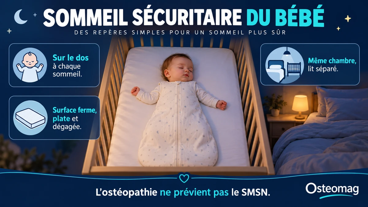 Bébé couché sur le dos dans un lit dégagé, avec trois rappels de sommeil sécuritaire.