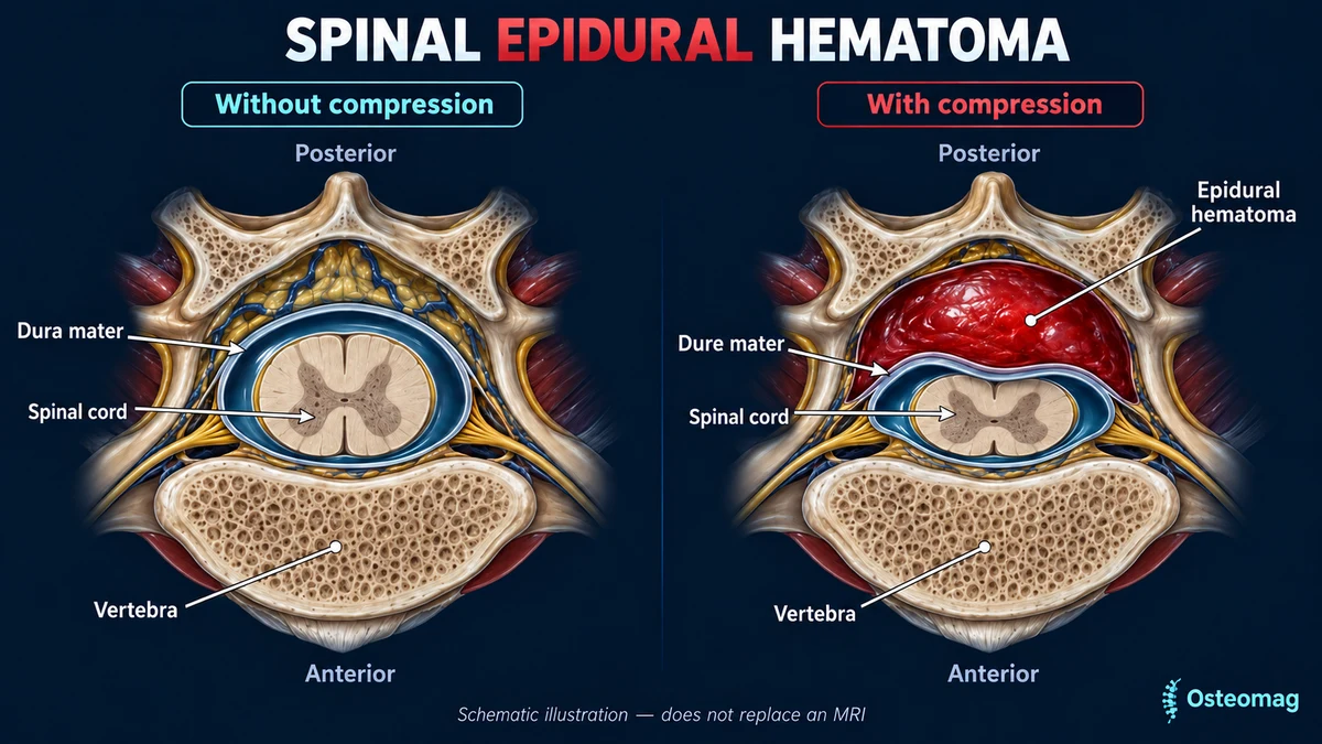 Diagram comparing a spinal canal without compression with an epidural hematoma outside the dura mater.
