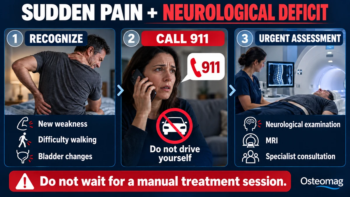Neurological warning signs after sudden pain: call 911 and obtain urgent assessment.