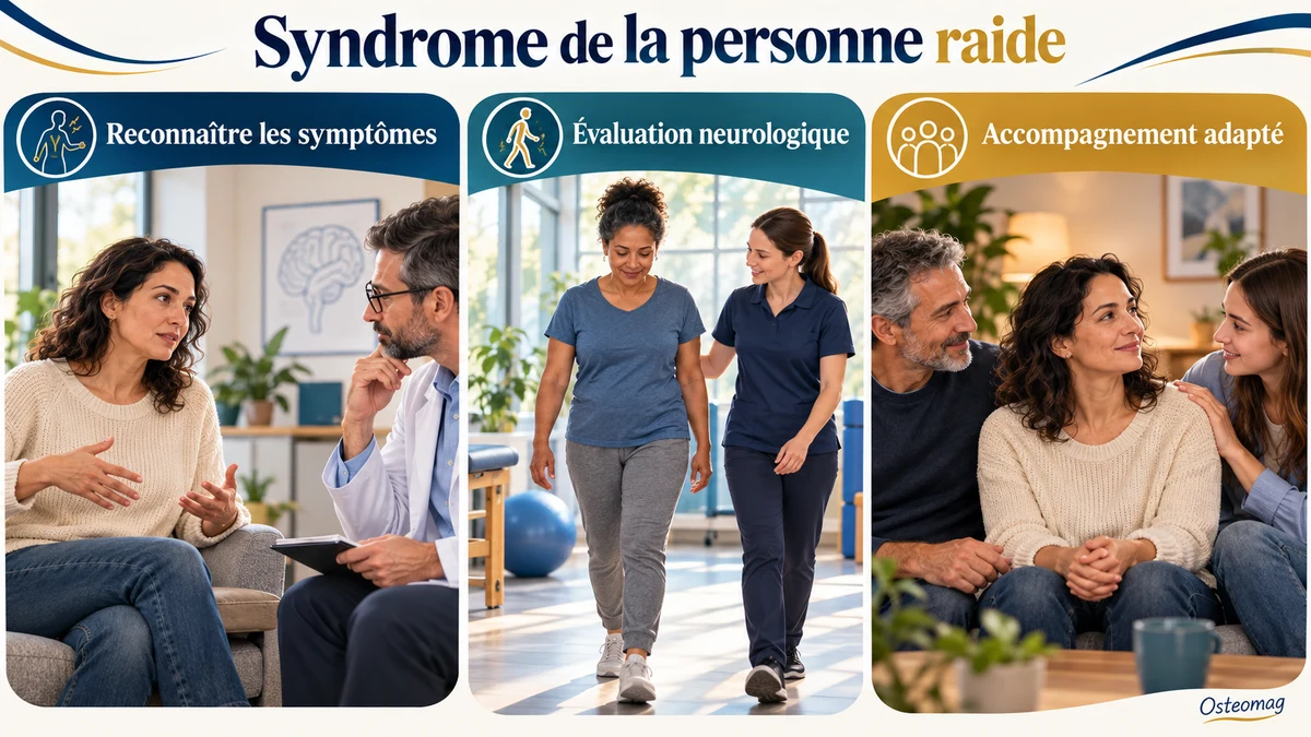 Illustration générique d’un accompagnement neurologique et de réadaptation : consultation, marche avec soutien et environnement calme.