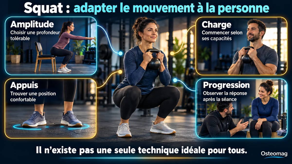Infographie Osteomag sur la profondeur du squat, les appuis et une progression adaptée aux capacités.