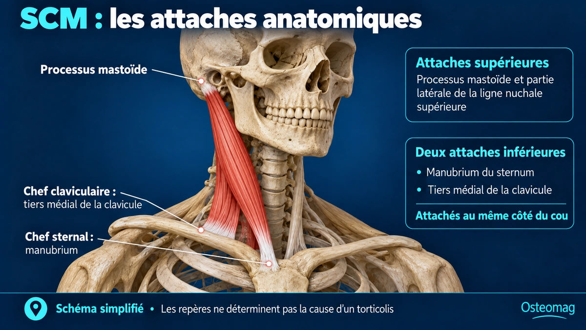 Schéma simplifié des attaches du sternocléidomastoïdien : processus mastoïde, manubrium et tiers médial de la clavicule du même côté.