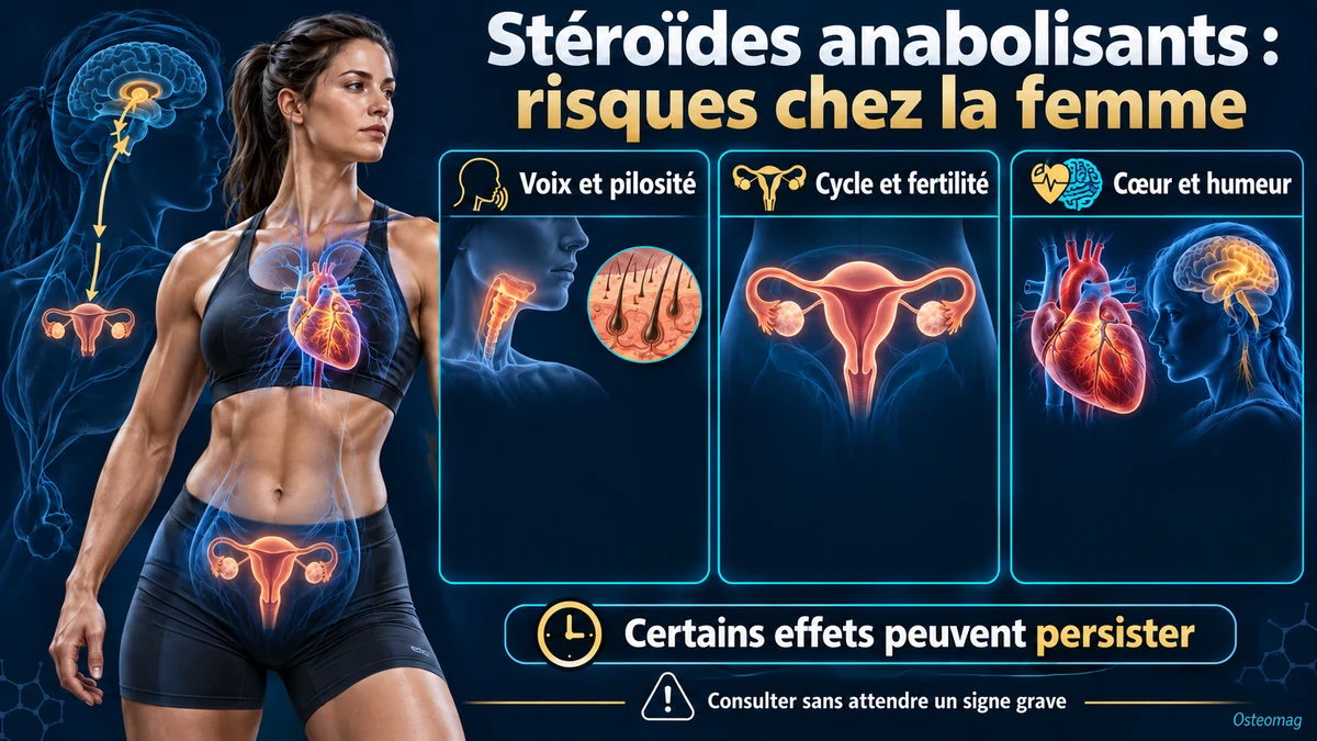 Illustration des risques des stéroïdes anabolisants chez la femme : voix et pilosité, cycle et fertilité, cœur et humeur.