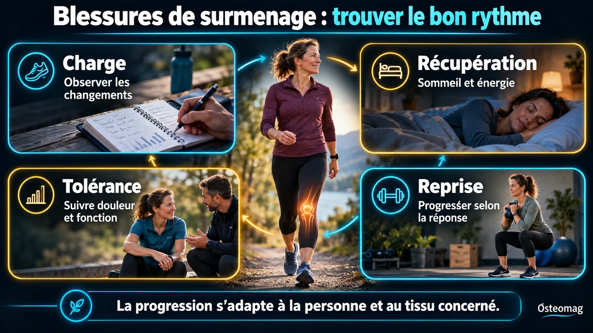 Infographie sur les blessures de surmenage : observation de la charge, récupération, tolérance et reprise progressive