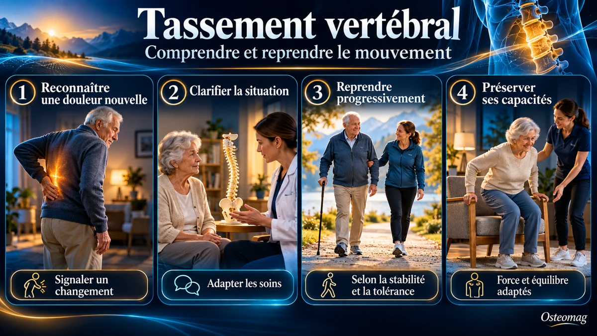 Infographie Osteomag en quatre panneaux : reconnaître la douleur, préciser les soins, reprendre la marche et entretenir la force et l’équilibre après un tassement vertébral.