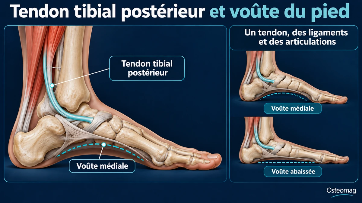 Trajet schématique du tendon tibial postérieur derrière la malléole médiale vers le naviculaire et comparaison des voûtes du pied.