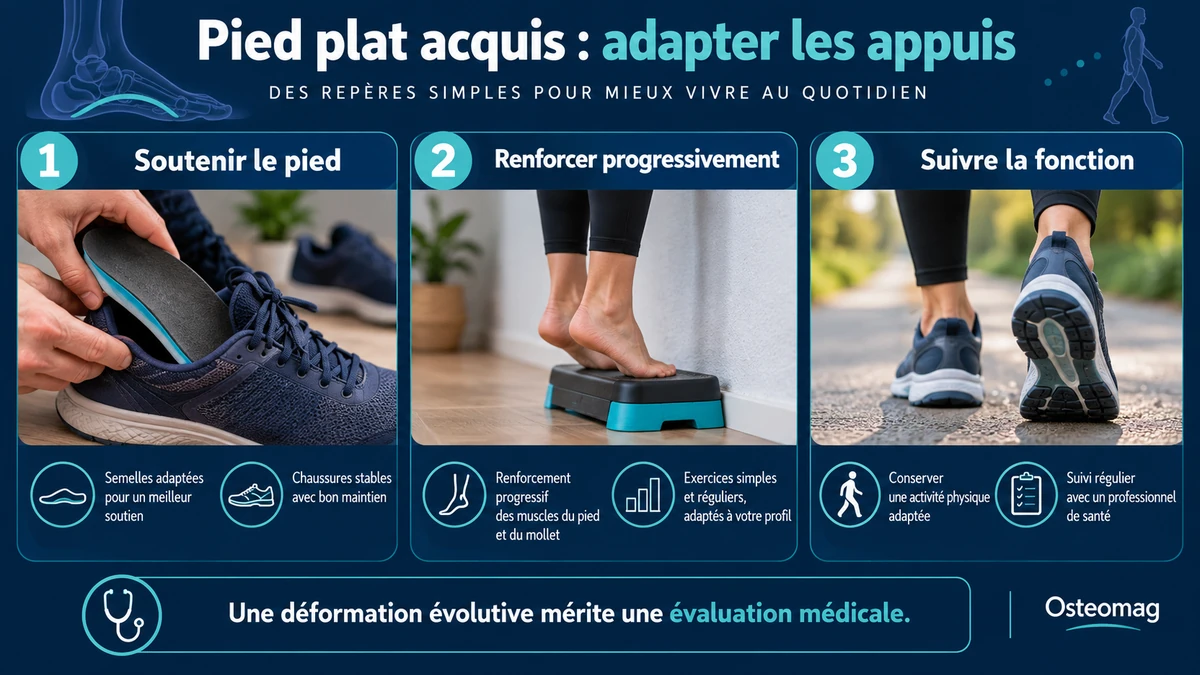 Soutien du pied, renforcement progressif et suivi de la marche dans un pied plat acquis.
