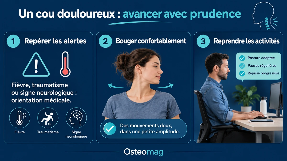 Repérer les alertes, retrouver des mouvements confortables et reprendre les activités après un torticolis évalué.