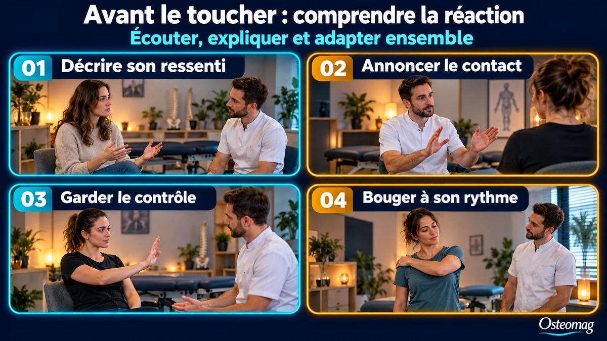 Infographie Osteomag : décrire son ressenti, annoncer le contact, garder le contrôle et bouger à son rythme.