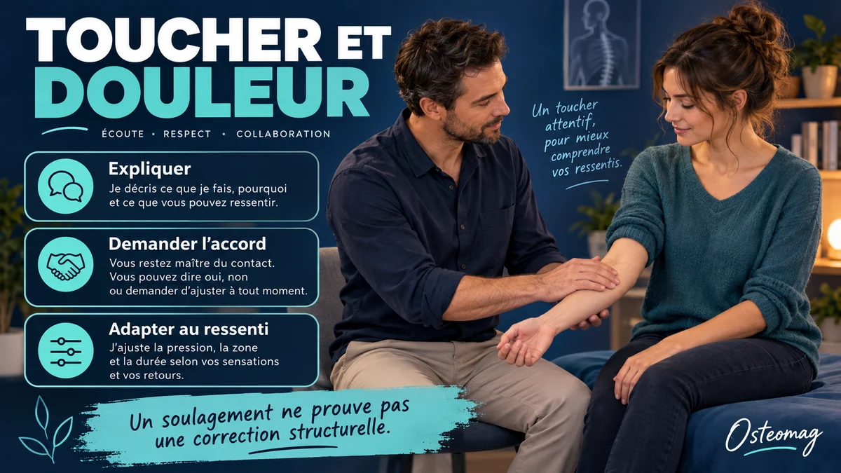Praticien effectuant un contact léger sur l’avant-bras d’une patiente, avec rappels sur l’accord et le ressenti.