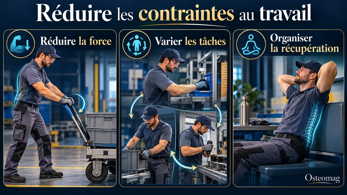 Trois repères de prévention des TMS au travail : réduire les contraintes, varier les tâches et progresser avec des exercices adaptés.